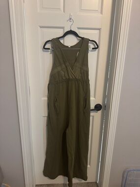 Anthropologie Olive Jumpsuit with V-Neck and Wide Legs